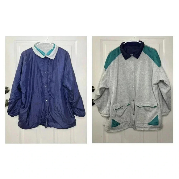 LAURA KATHERINE Vintage 80's Women's REVERSIBLE Windbreaker Jacket Green Gray L - Picture 1 of 12